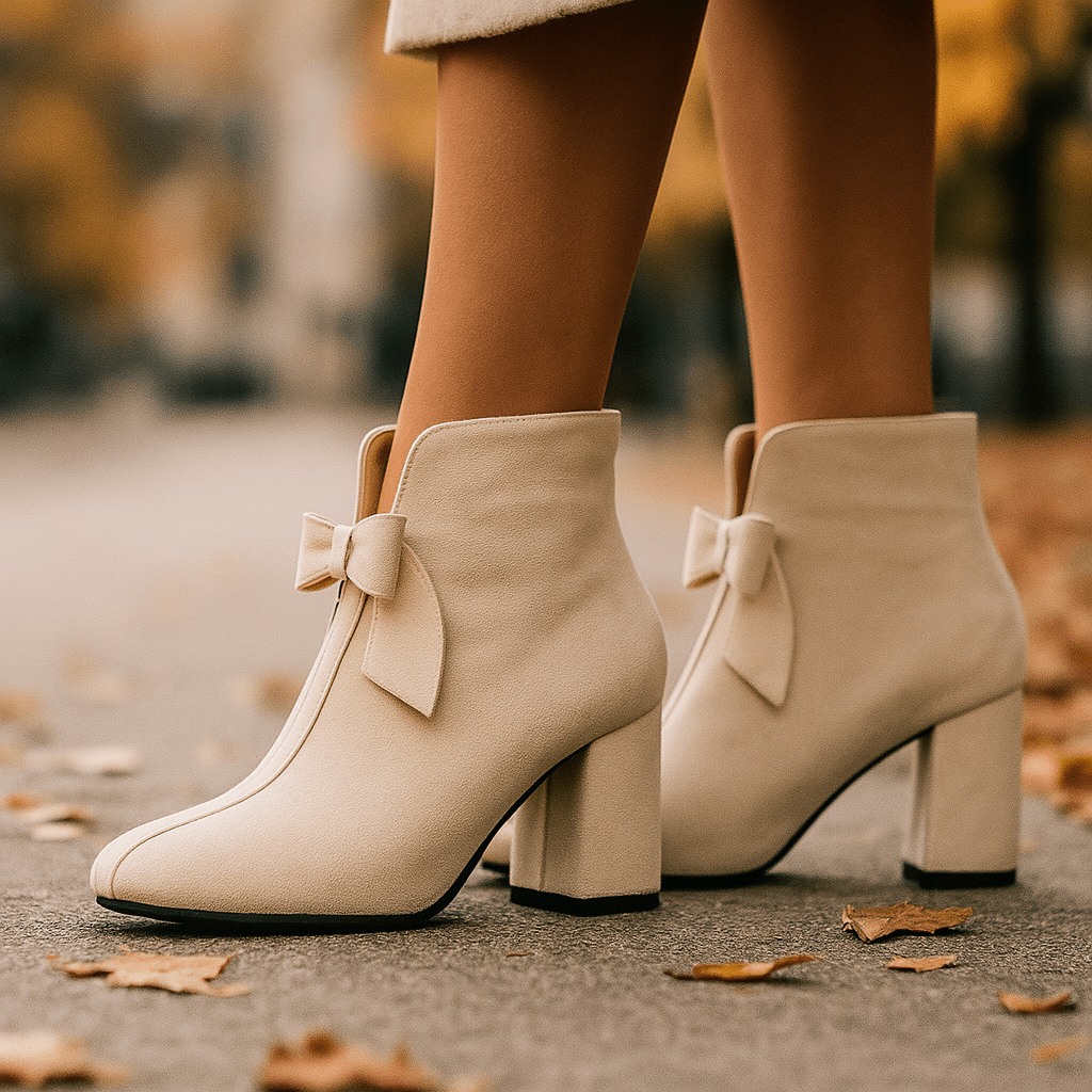 Eliza - Women's Block Heel Ankle Boots with Bow Detail - Boots - Beige - Davies & Cooper