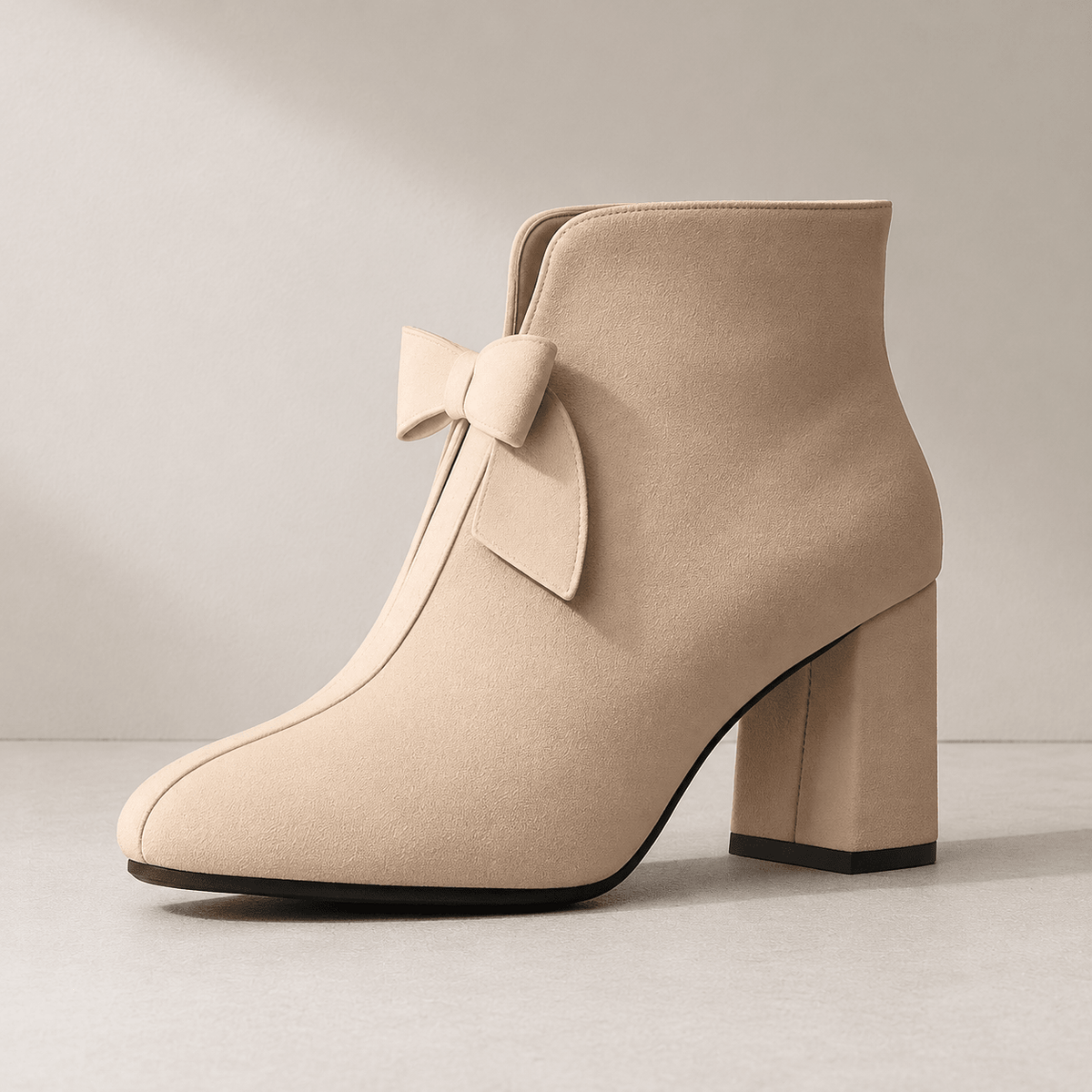 Eliza - Women's Block Heel Ankle Boots with Bow Detail - Boots - Beige - Davies & Cooper