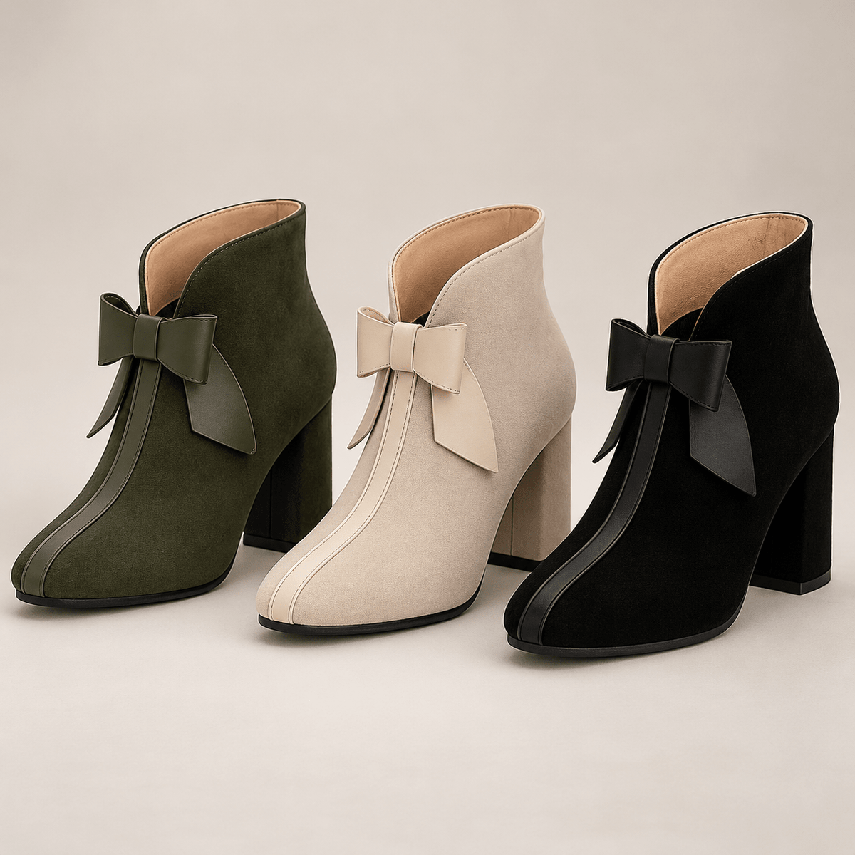 Eliza - Women's Block Heel Ankle Boots with Bow Detail - Boots - Beige - Davies & Cooper