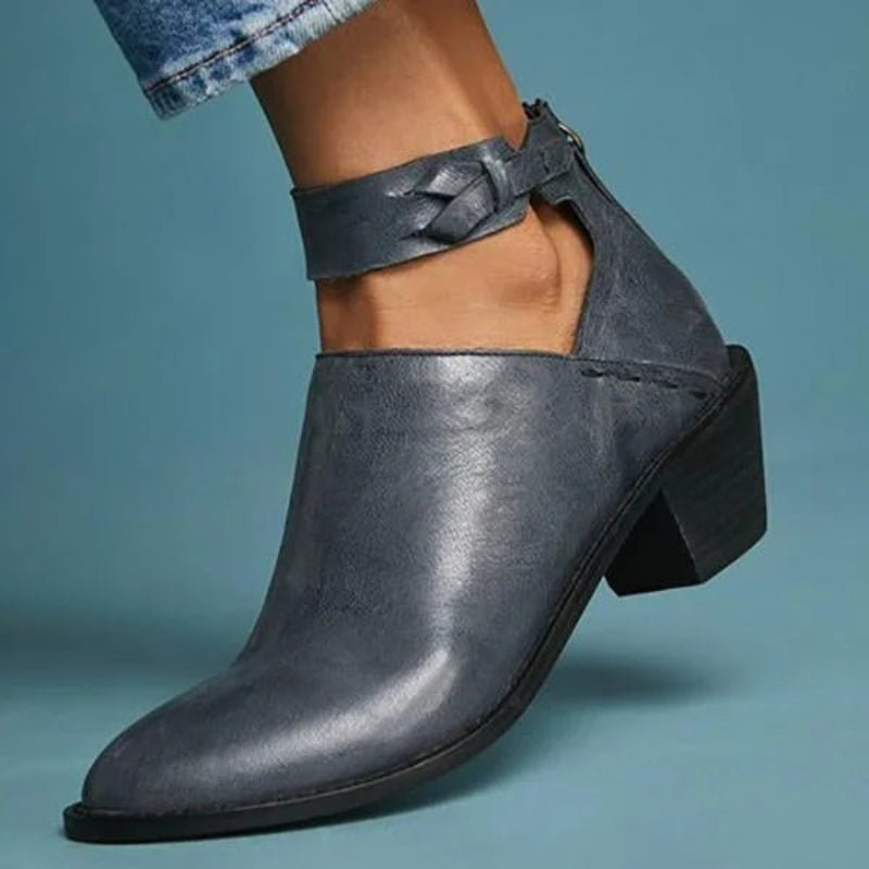 Ellie - Women's Block Heel Ankle Boots with Buckle Strap and Open-Side Cut - Boots - Blue - Davies & Cooper