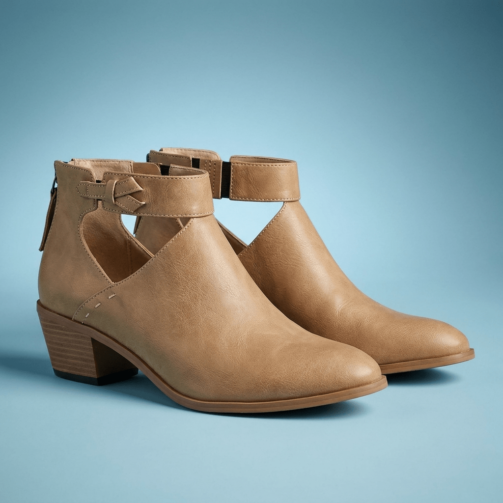 Ellie - Women's Block Heel Ankle Boots with Buckle Strap and Open-Side Cut - Boots - Beige - Davies & Cooper