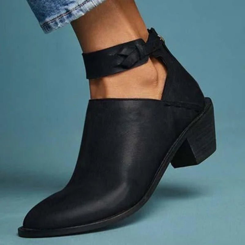 Ellie - Women's Block Heel Ankle Boots with Buckle Strap and Open-Side Cut - Boots - Black - Davies & Cooper