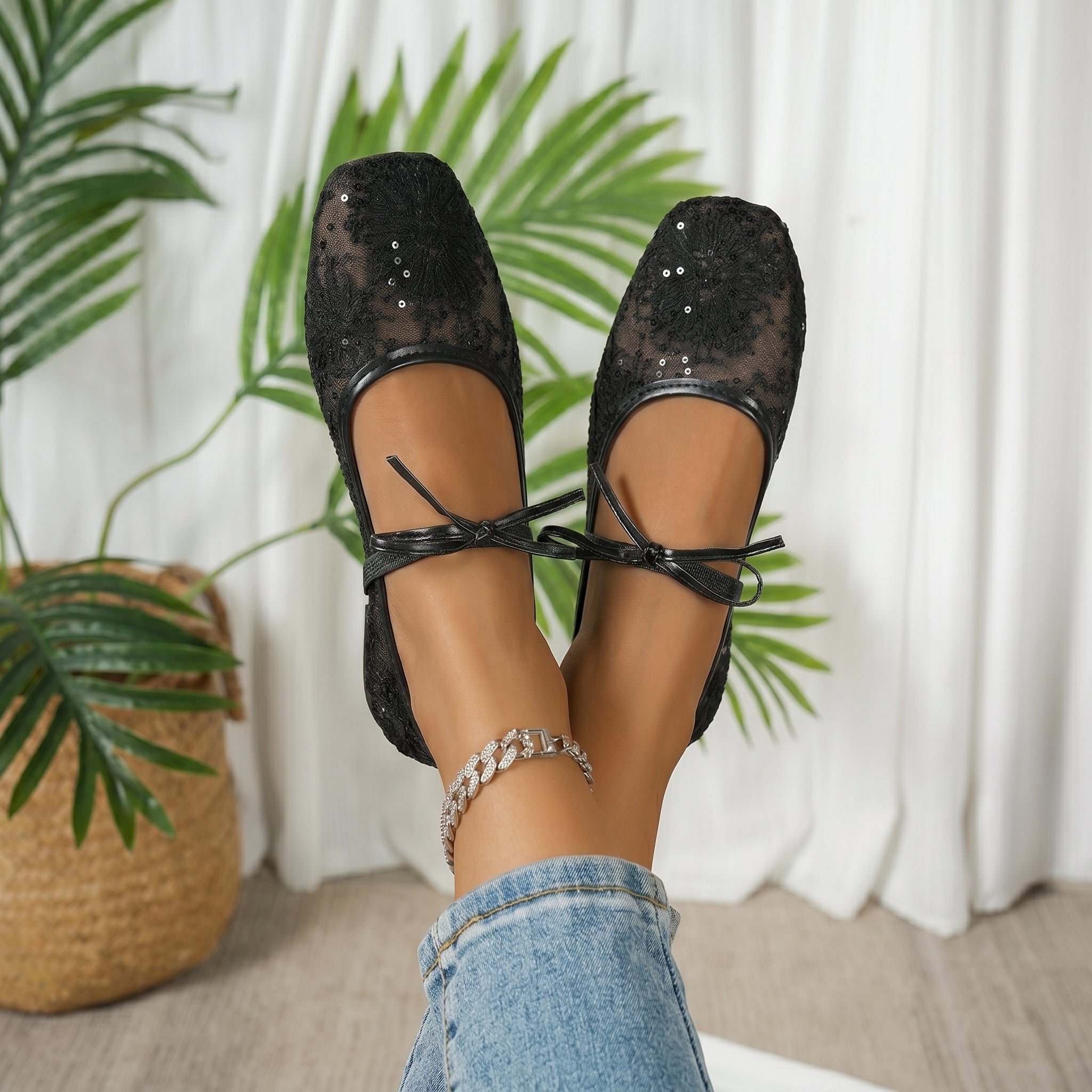 Ellie - Women's Bow Strap Square Toe Mary Jane Flats - Sandals - Black - Davies & Cooper