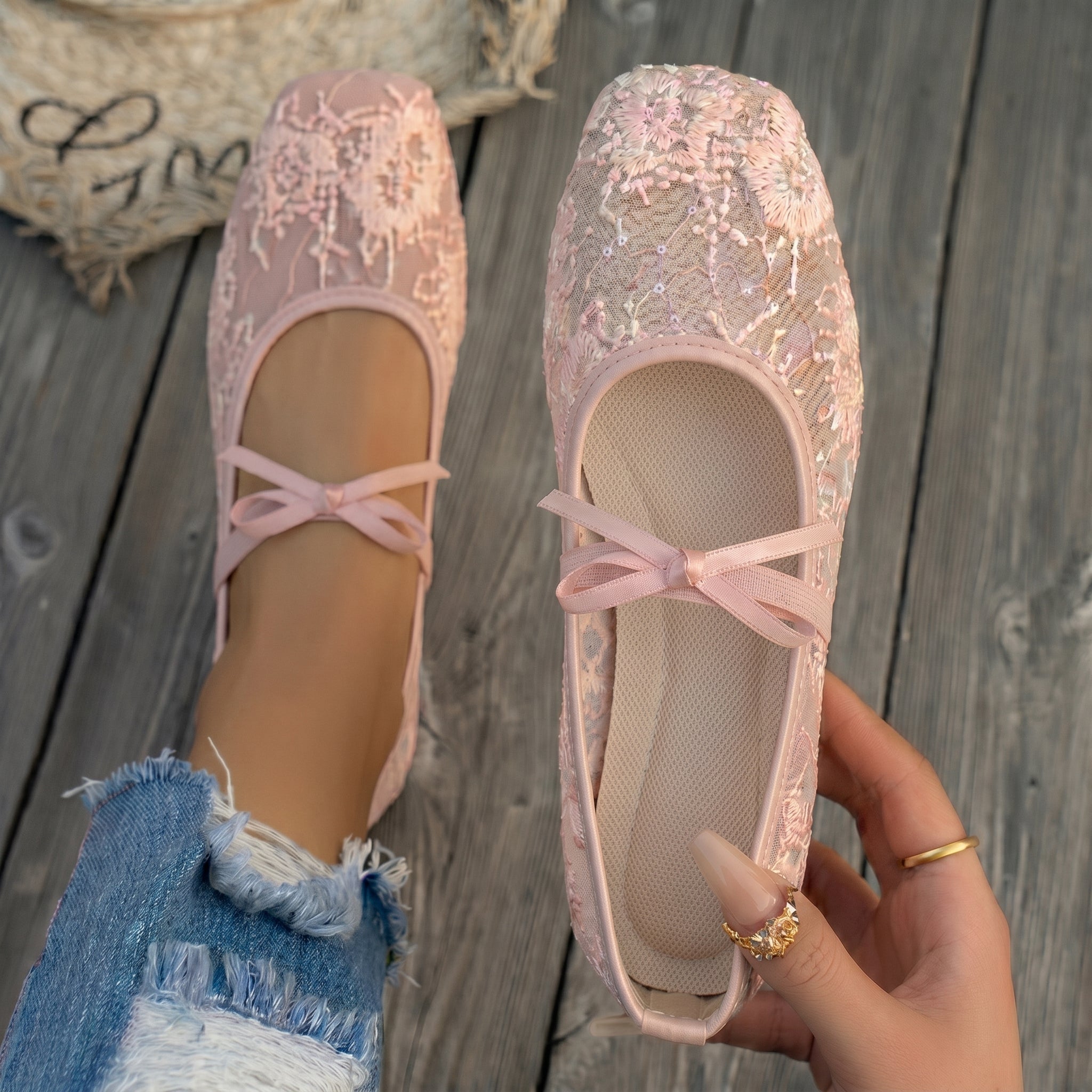 Ellie - Women's Bow Strap Square Toe Mary Jane Flats - Sandals - Pink - Davies & Cooper