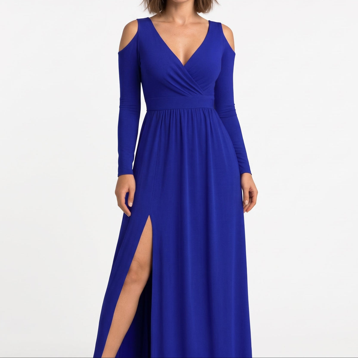 Elora - Women's Evening Wrap Maxi Dress with Cold Shoulder and Thigh Split - Dresses - Blue - Davies & Cooper