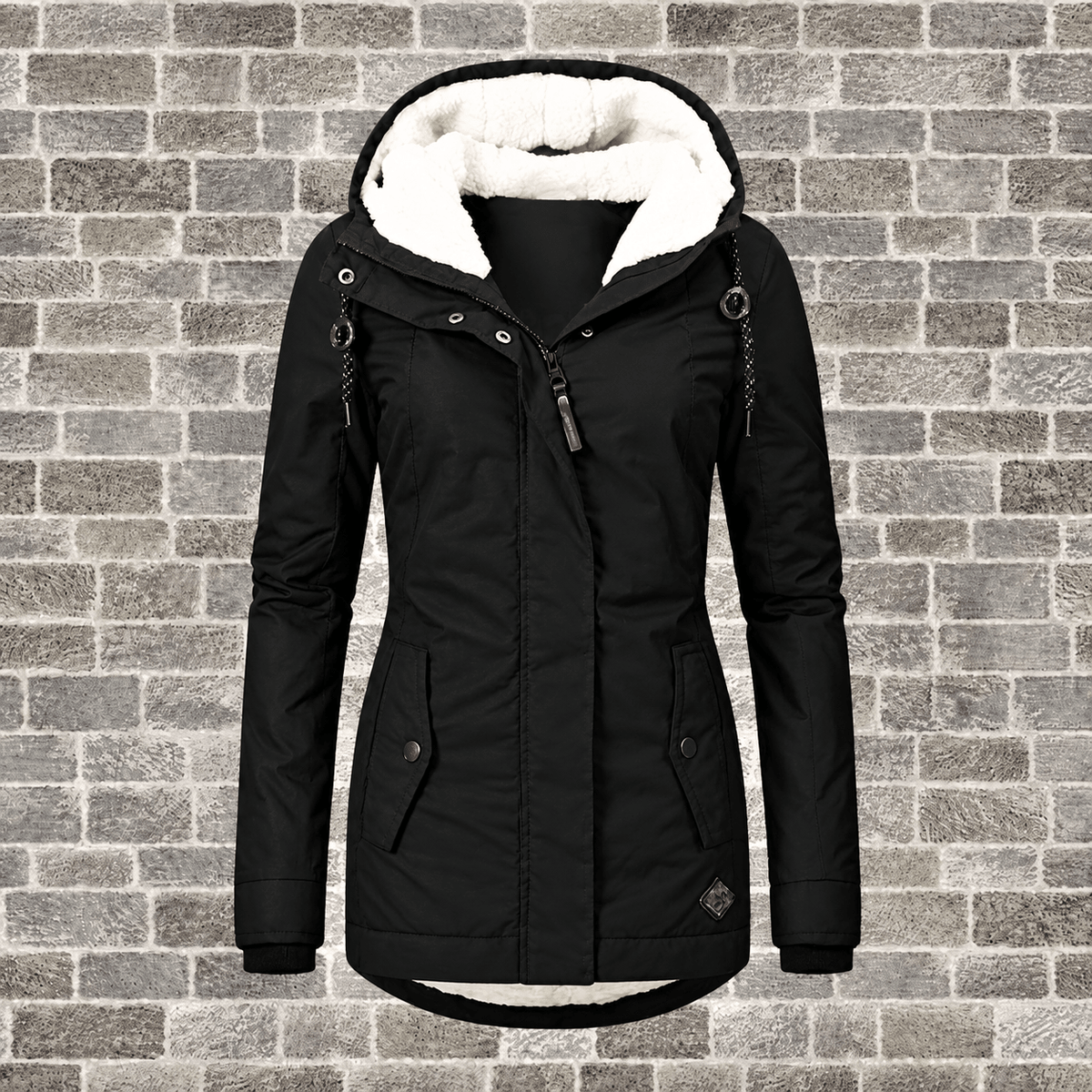 Elsie - Women's Hooded Parka Jacket with Faux Fur Lining and Quilted Pockets - Coats & Jackets - Black - Davies & Cooper