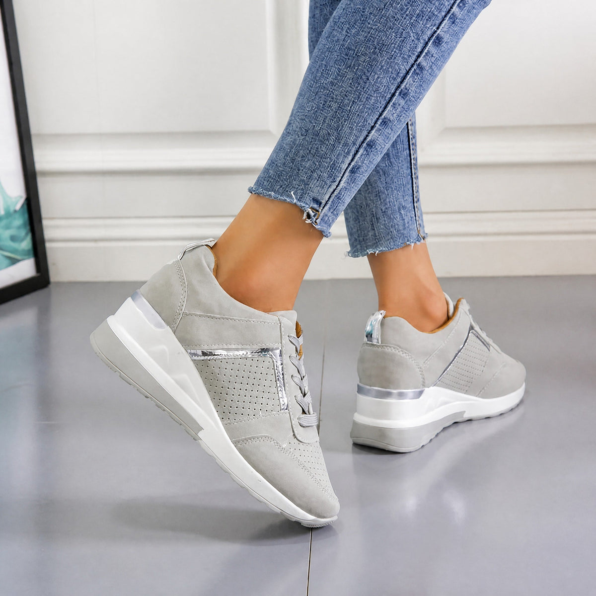 Elsie - Women's Orthopaedic Wedge Trainers with Metallic Panel - Sneakers - Grey - Davies & Cooper