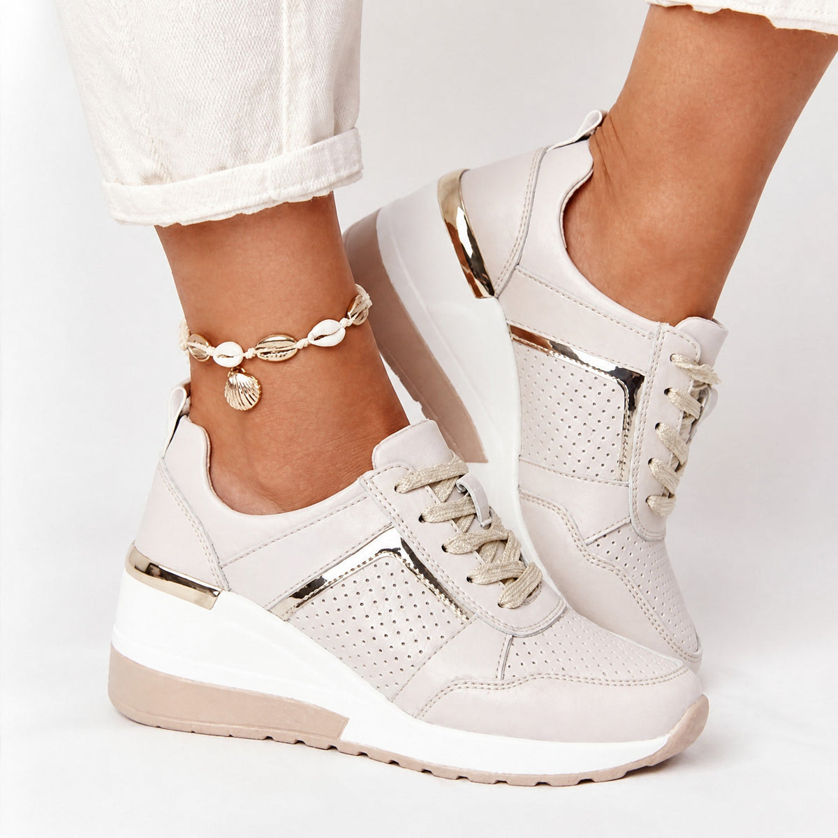 Elsie - Women's Orthopaedic Wedge Trainers with Metallic Panel - Sneakers - Beige - Davies & Cooper