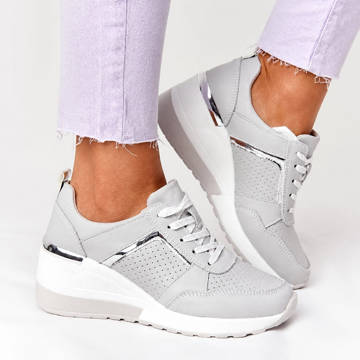 Elsie - Women's Orthopaedic Wedge Trainers with Metallic Panel - Sneakers - Grey - Davies & Cooper