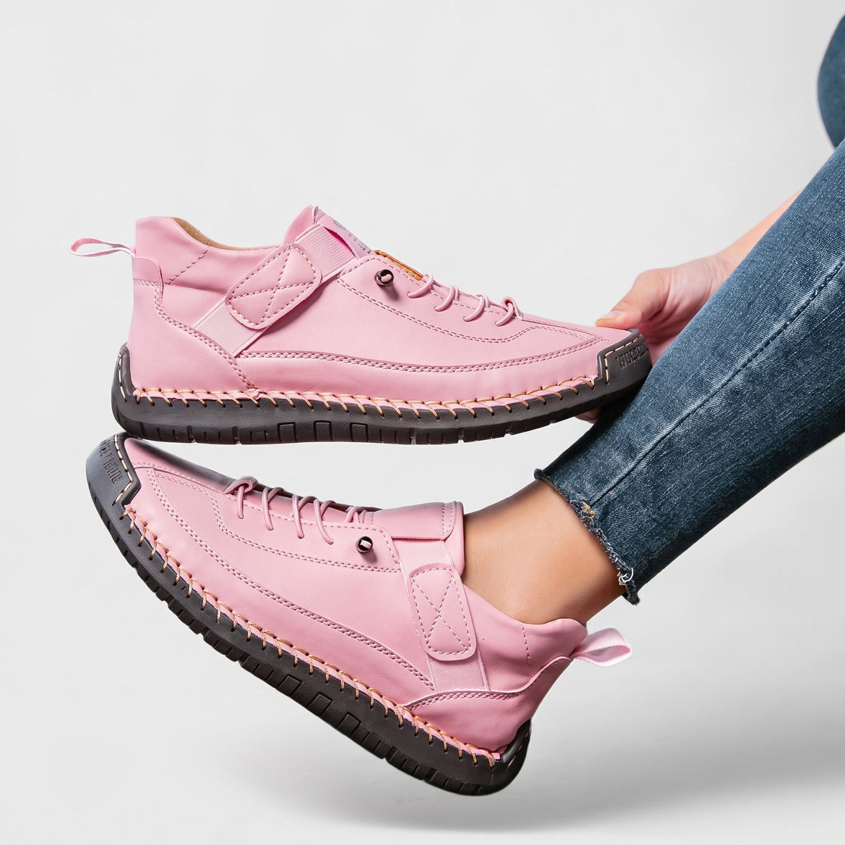 Emily - Women's Orthopaedic Lace-Up Trainers with Buckle Strap - Sneakers - Pink - Davies & Cooper