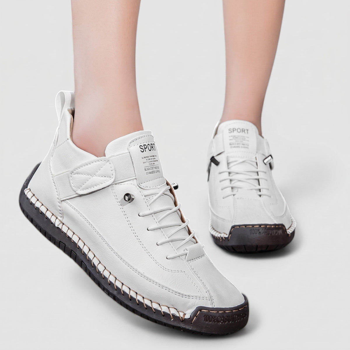 Emily - Women's Orthopaedic Lace-Up Trainers with Buckle Strap - Sneakers - White - Davies & Cooper