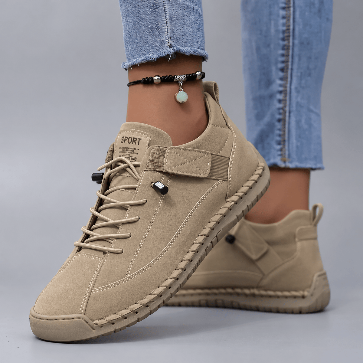 Emily - Women's Orthopaedic Lace-Up Trainers with Buckle Strap - Sneakers - Beige - Davies & Cooper