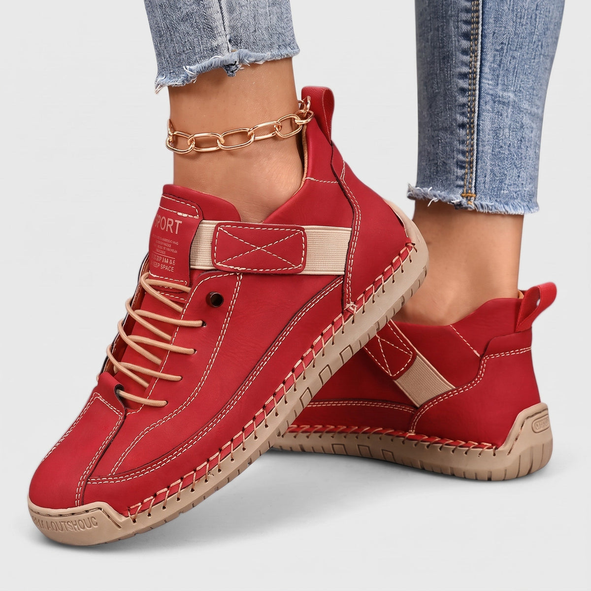 Emily - Women's Orthopaedic Lace-Up Trainers with Buckle Strap - Sneakers - Red - Davies & Cooper