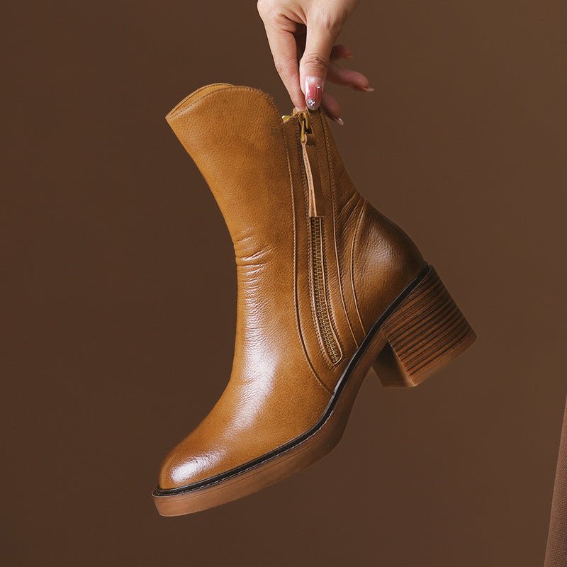 Emma - Women's Block Heel Ankle Boots with Double Zip - Boots - Brown - Davies & Cooper
