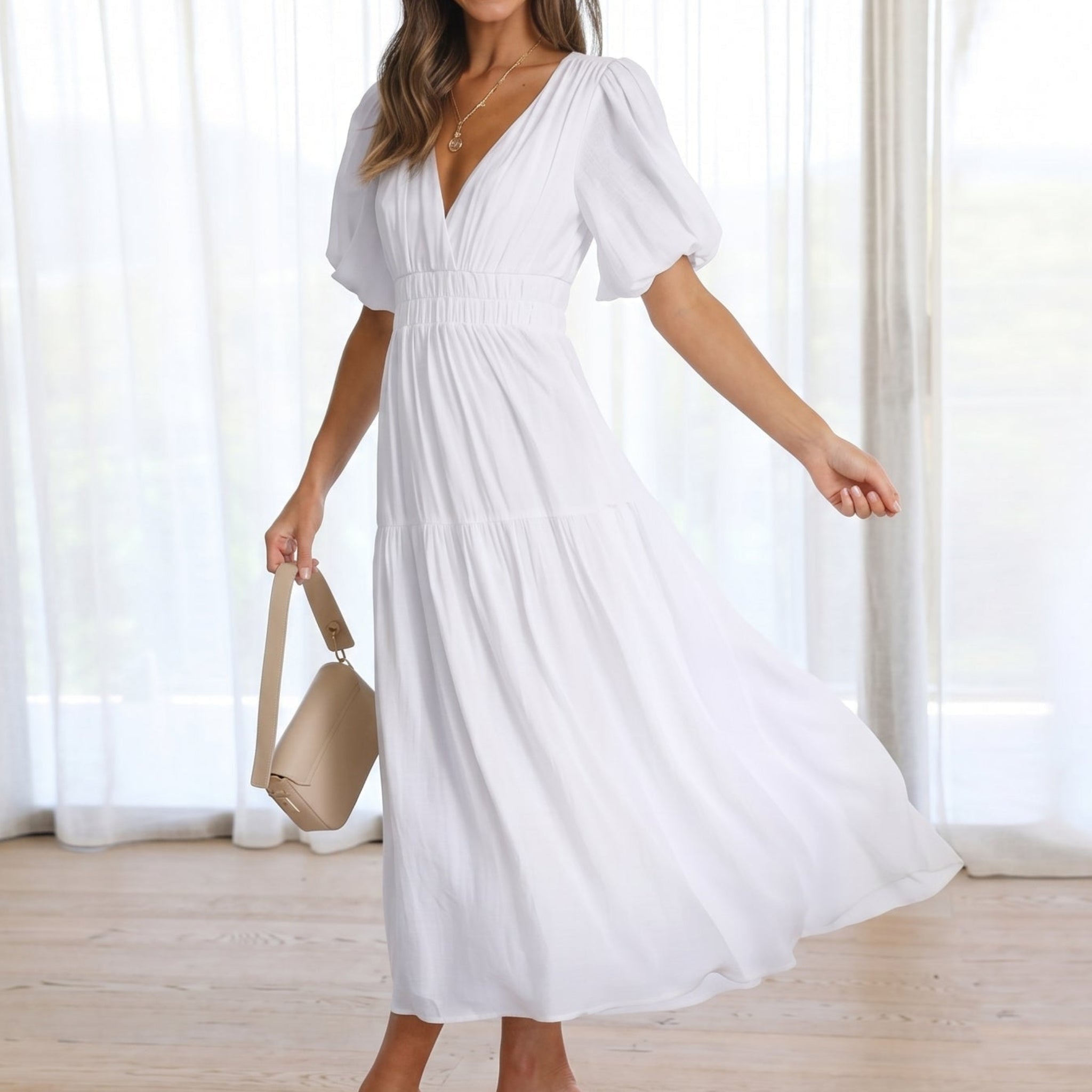 Emma - Women's Summer Puff Sleeve Midi Dress - Maxi Dresses - White - Davies & Cooper