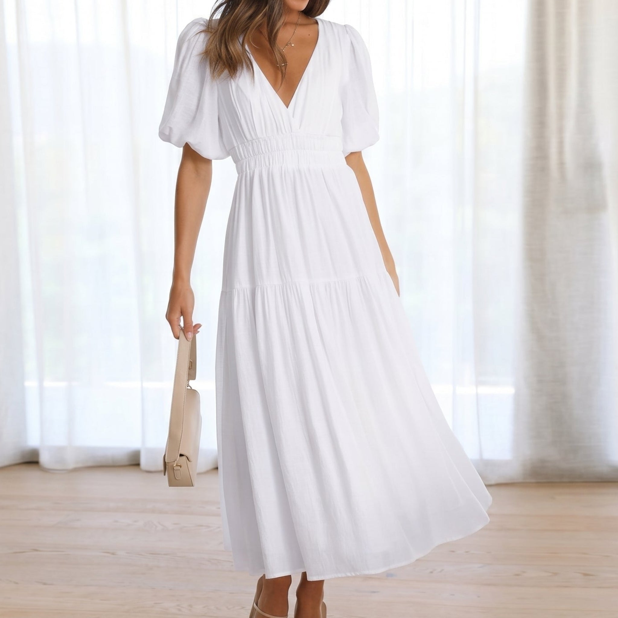 Emma - Women's Summer Puff Sleeve Midi Dress - Maxi Dresses - White - Davies & Cooper
