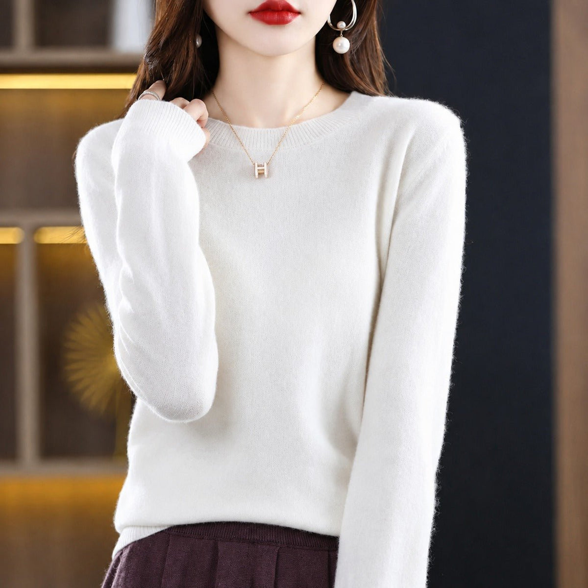 Erica - Women's Round Neck Knit Jumper with Long Sleeves - Sweaters - White - Davies & Cooper