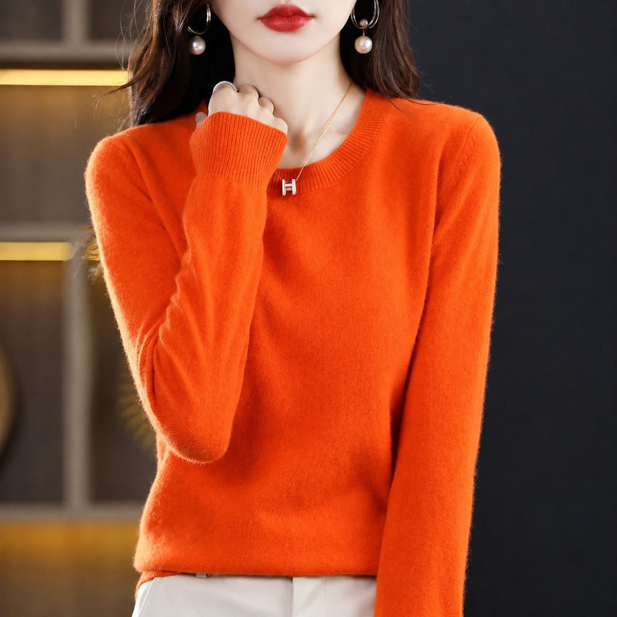 Erica - Women's Round Neck Knit Jumper with Long Sleeves - Sweaters - Orange - Davies & Cooper