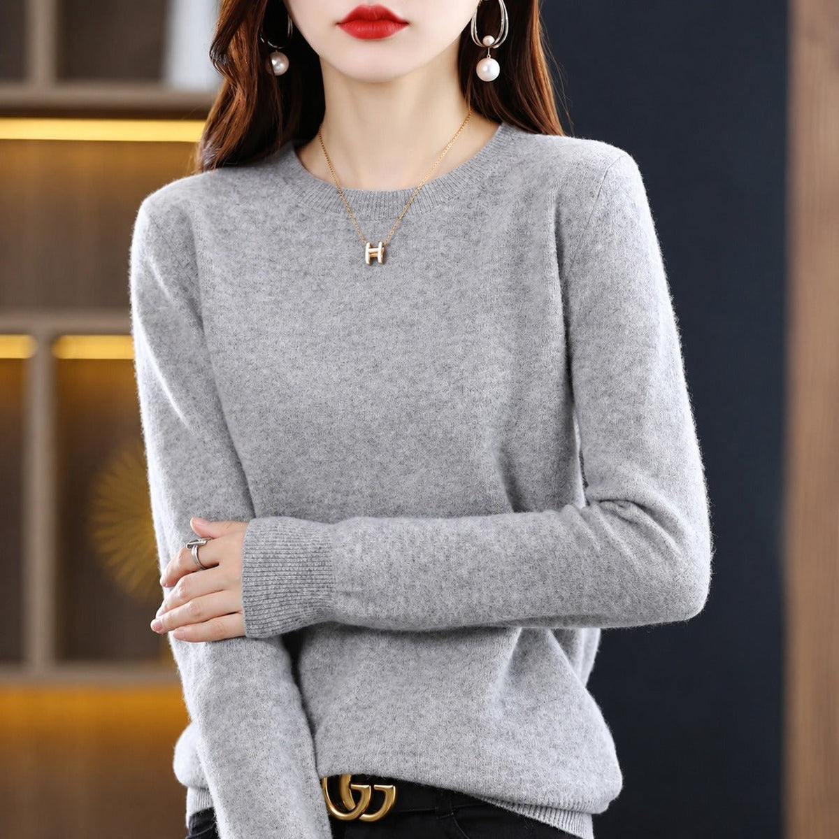 Erica - Women's Round Neck Knit Jumper with Long Sleeves - Sweaters - Grey - Davies & Cooper