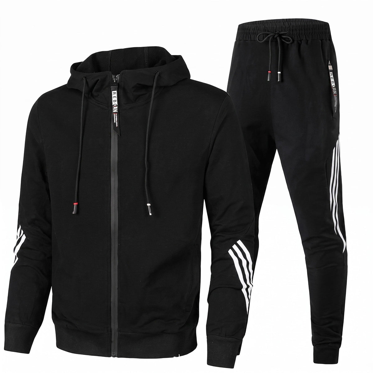 Etienne - Men's Hooded Zip-Up Tracksuit with Side Stripe Detail - Outfit Sets - Black - Davies & Cooper
