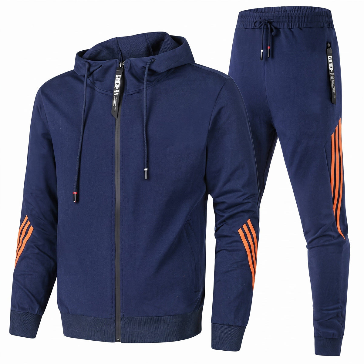 Etienne - Men's Hooded Zip-Up Tracksuit with Side Stripe Detail - Outfit Sets - Navy Blue - Davies & Cooper