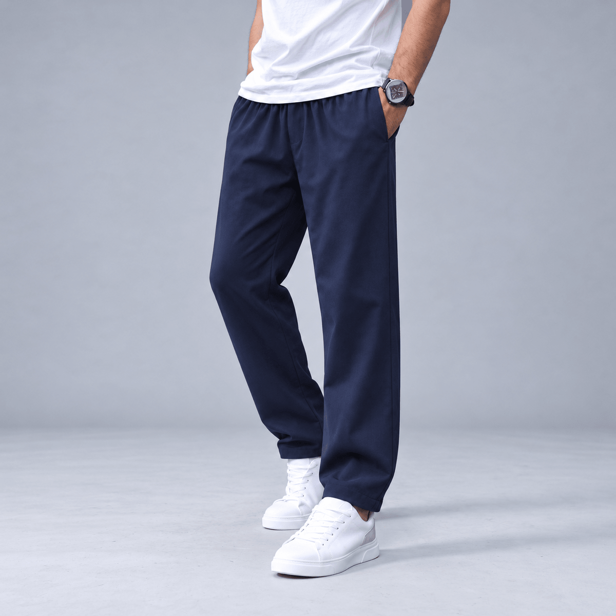Felix - Men's Slim Tapered Jogger Trousers with Drawstring Waist - Joggers - Navy Blue - Davies & Cooper