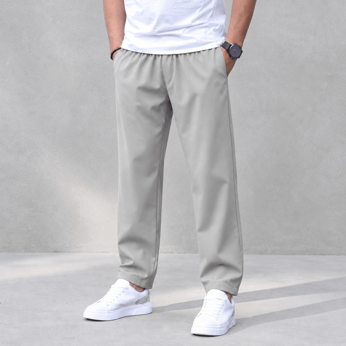 Felix - Men's Slim Tapered Jogger Trousers with Drawstring Waist - Joggers - Light Grey - Davies & Cooper
