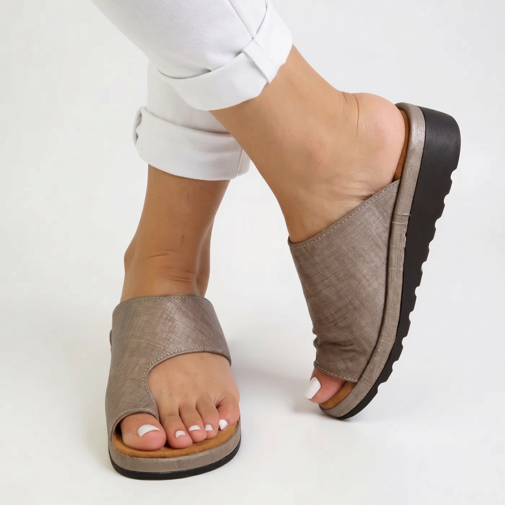 Fiona - Women's Orthopaedic Toe Ring Wedge Sandals - Sandals - Khaki - Davies & Cooper