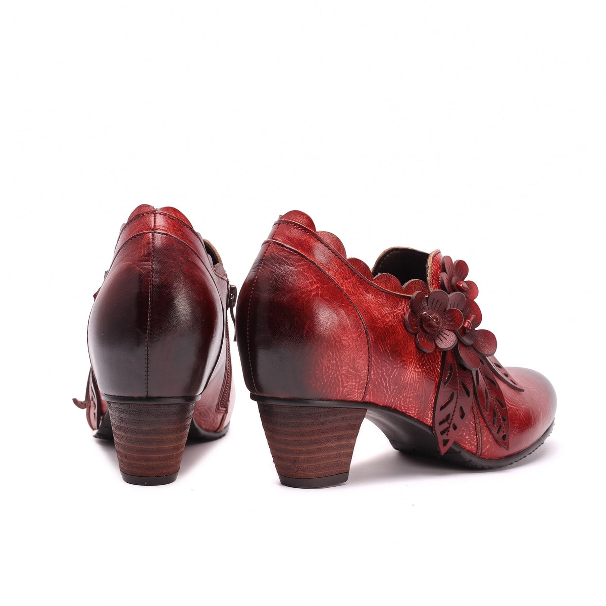 Flora - Women's Floral Applique Ankle Boots with Block Heel and Side Zip - Boots - Red - Davies & Cooper
