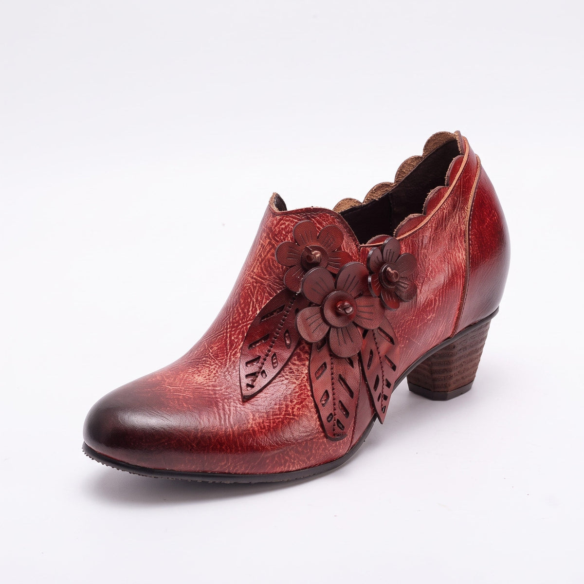 Flora - Women's Floral Applique Ankle Boots with Block Heel and Side Zip - Boots - Red - Davies & Cooper