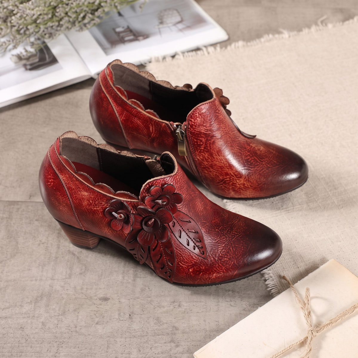 Flora - Women's Floral Applique Ankle Boots with Block Heel and Side Zip - Boots - Red - Davies & Cooper