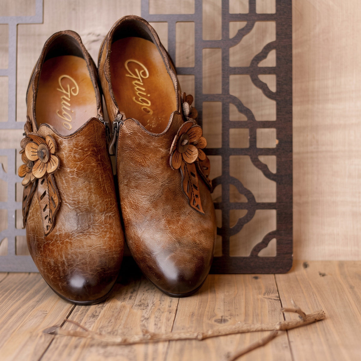 Flora - Women's Floral Applique Ankle Boots with Block Heel and Side Zip - Boots - Brown - Davies & Cooper