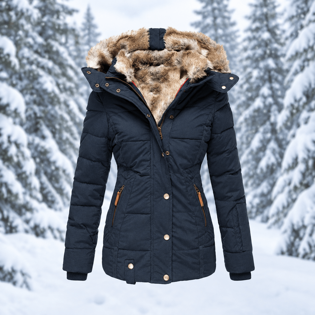 Florence - Women's Faux Fur Hood Quilted Parka with Zip Pockets - Coats & Jackets - Blue - Davies & Cooper