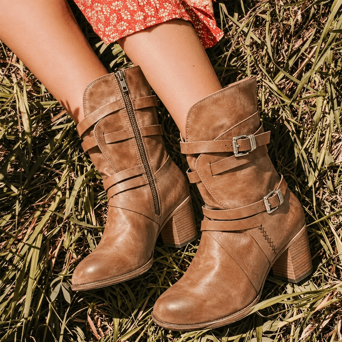 Freya - Women's Buckle Strap Block Heel Mid-Calf Boots - Boots - Khaki - Davies & Cooper