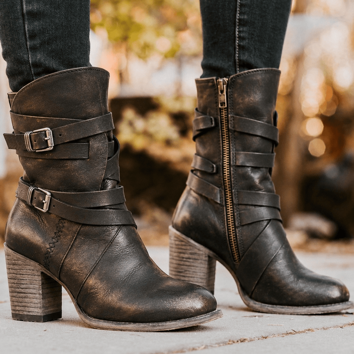 Freya - Women's Buckle Strap Block Heel Mid-Calf Boots - Boots - Black - Davies & Cooper