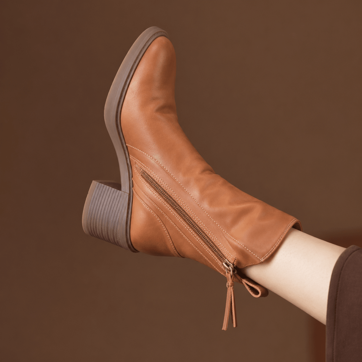 Freya - Women's Pointed Toe Block Heel Ankle Boots with Zip Fastening - Boots - Brown - Davies & Cooper