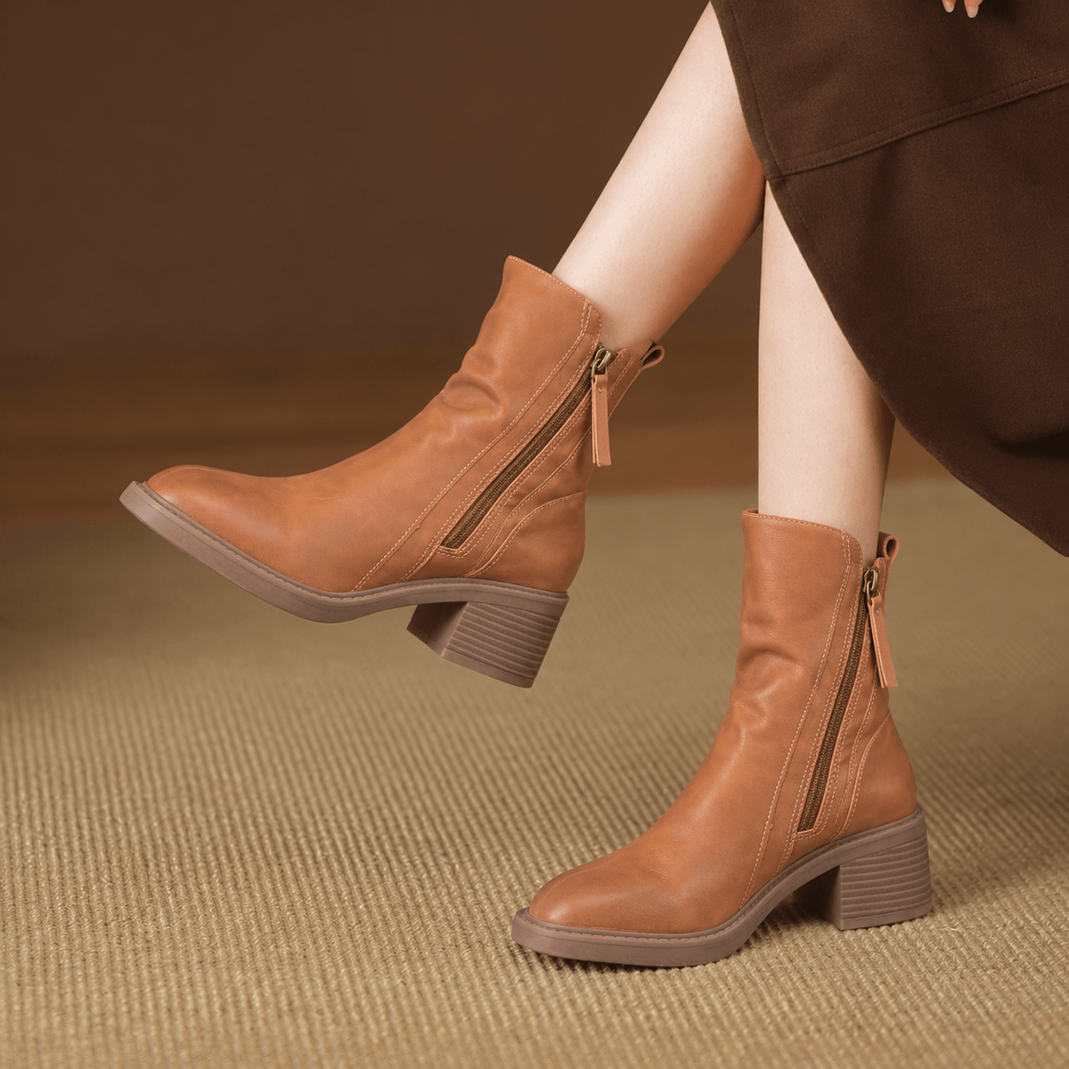 Freya - Women's Pointed Toe Block Heel Ankle Boots with Zip Fastening - Boots - Brown - Davies & Cooper