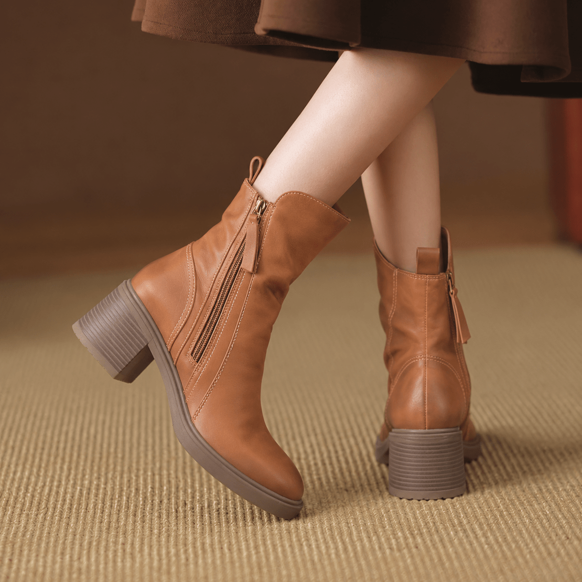 Freya - Women's Pointed Toe Block Heel Ankle Boots with Zip Fastening - Boots - Brown - Davies & Cooper