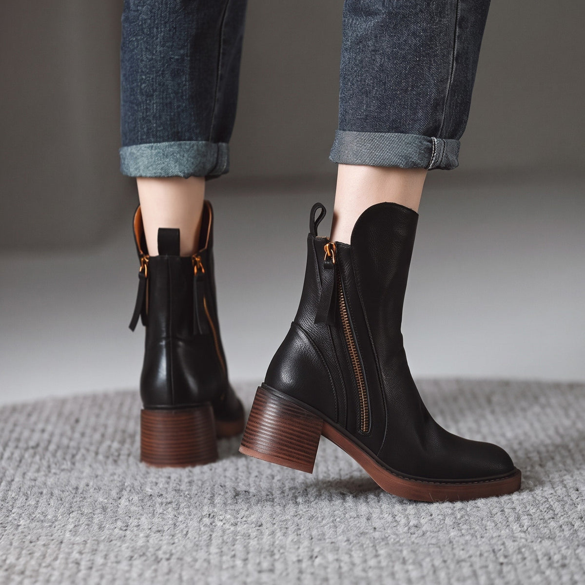 Freya - Women's Pointed Toe Block Heel Ankle Boots with Zip Fastening - Boots - Black - Davies & Cooper
