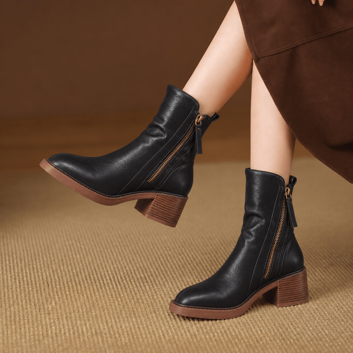 Freya - Women's Pointed Toe Block Heel Ankle Boots with Zip Fastening - Boots - Black - Davies & Cooper