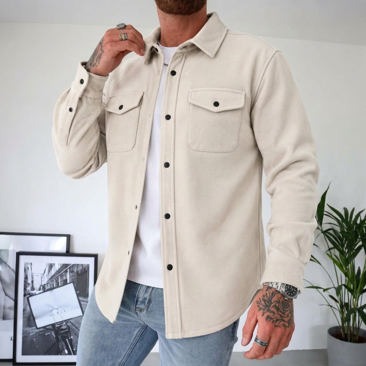 Friedrich - Men's Relaxed Fit Shirt Jacket with Dual Chest Pockets - Shirts - Cream - Davies & Cooper