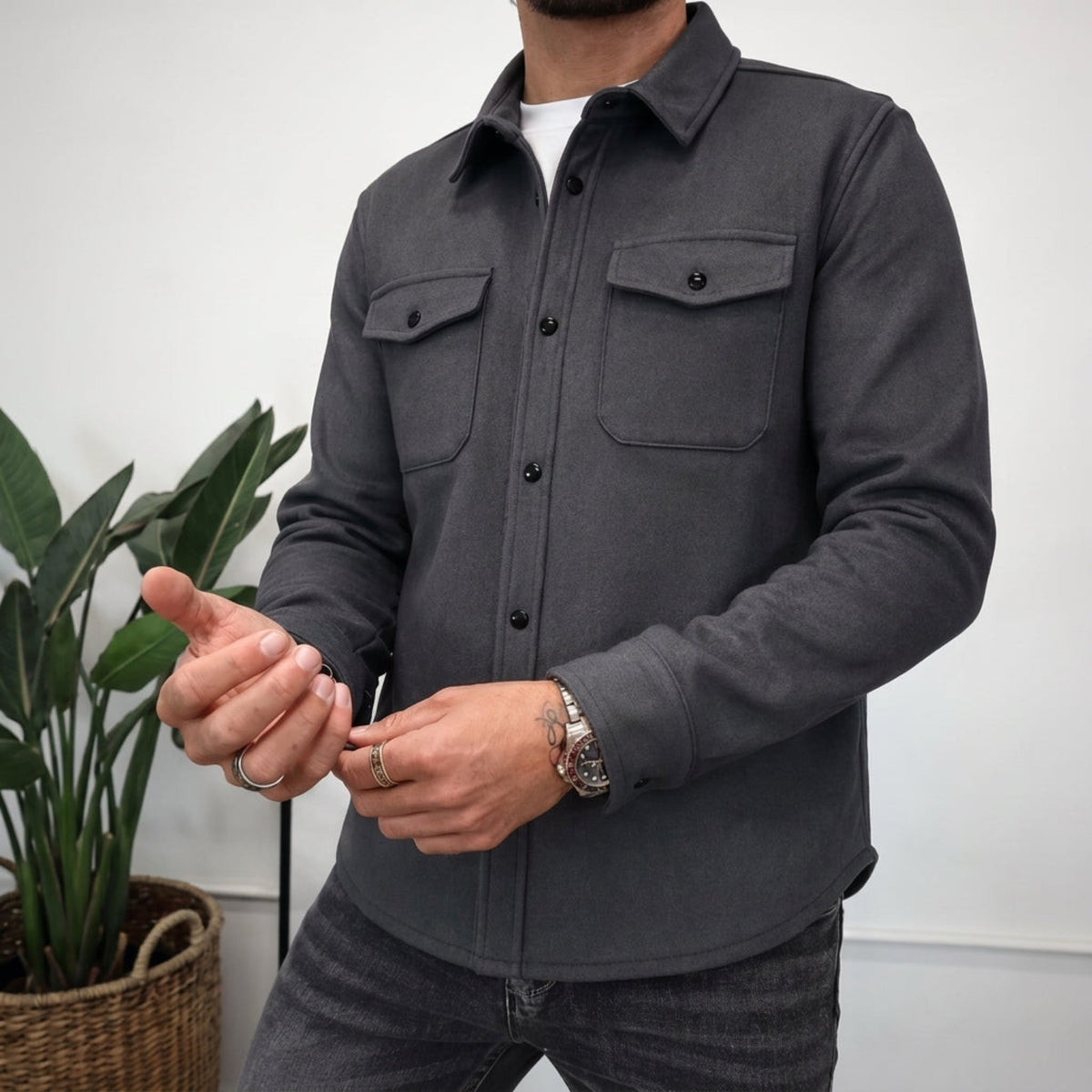 Friedrich - Men's Relaxed Fit Shirt Jacket with Dual Chest Pockets - Shirts - Dark Grey - Davies & Cooper