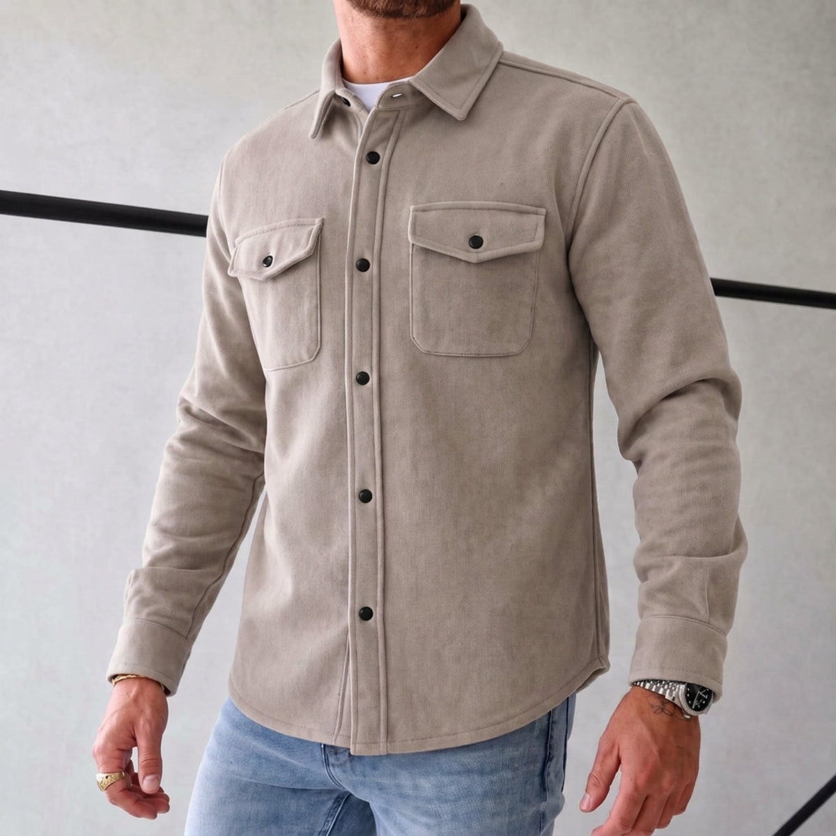 Friedrich - Men's Relaxed Fit Shirt Jacket with Dual Chest Pockets - Shirts - Apricot - Davies & Cooper