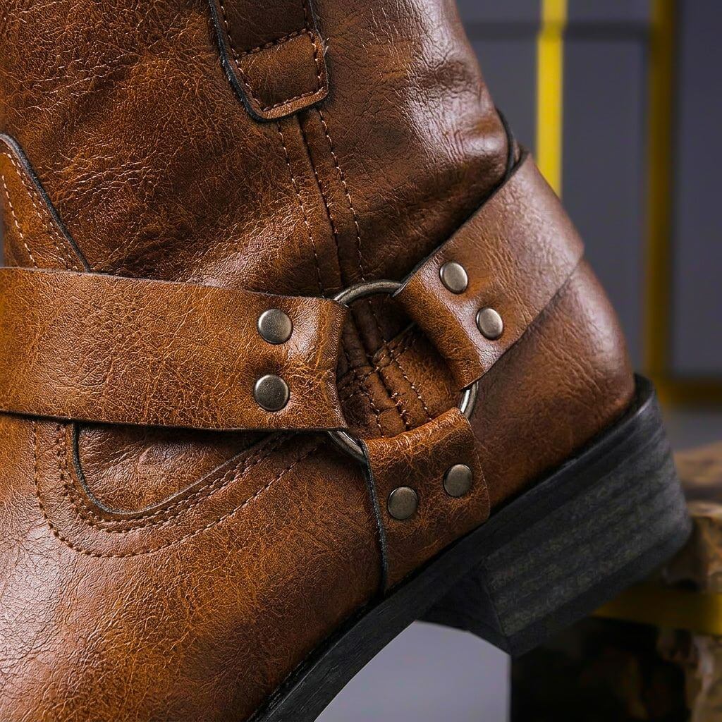 George - Men's Harness Strap Ankle Boots with Buckle Strap - Boots - Brown - Davies & Cooper