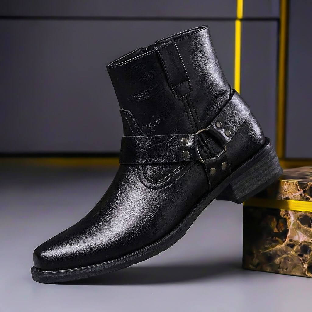 George - Men's Harness Strap Ankle Boots with Buckle Strap - Boots - Black - Davies & Cooper