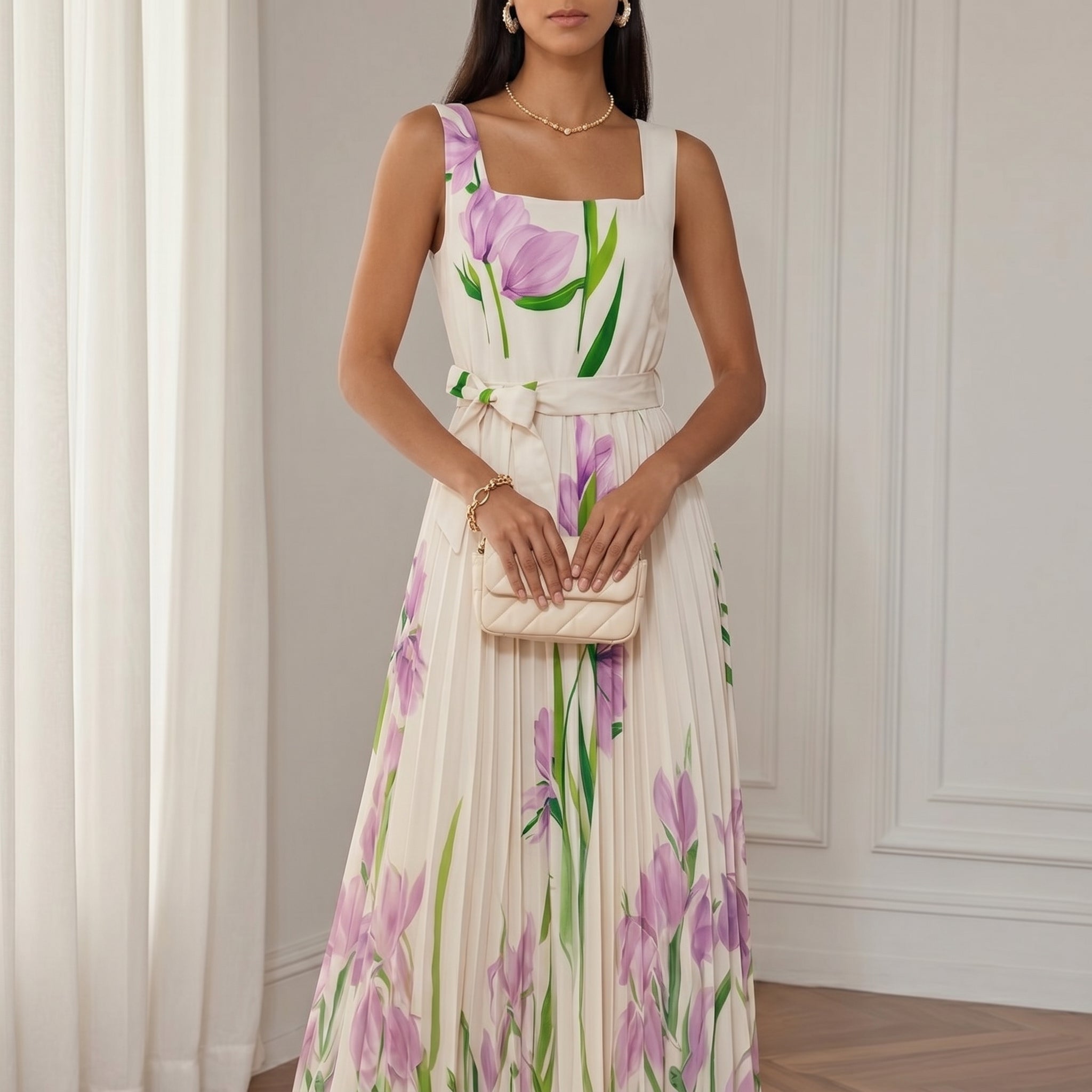 Georgia - Women's Party Floral Pleated Belted Maxi Dress - Maxi Dress - Purple - Davies & Cooper