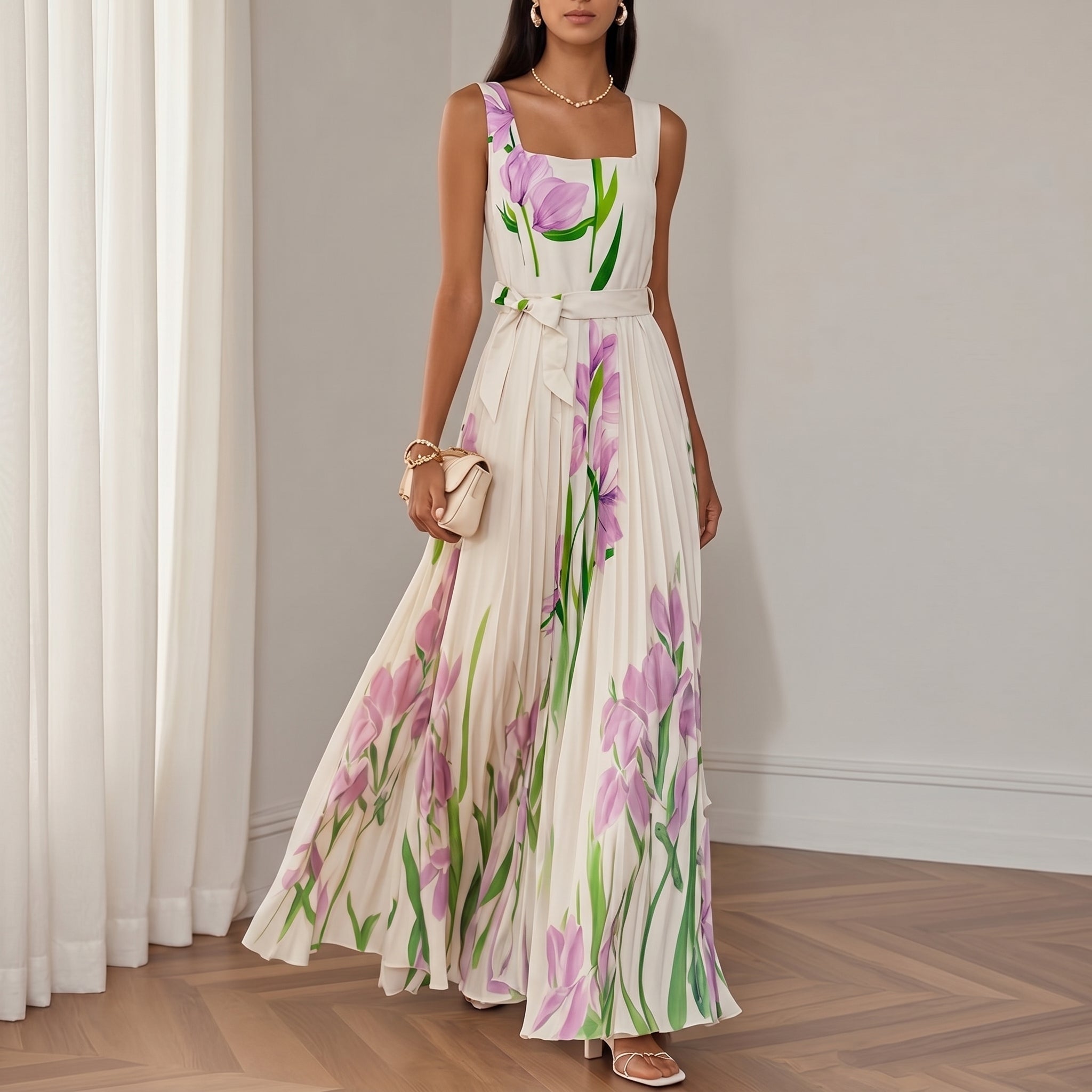 Georgia - Women's Party Floral Pleated Belted Maxi Dress - Maxi Dress - Purple - Davies & Cooper