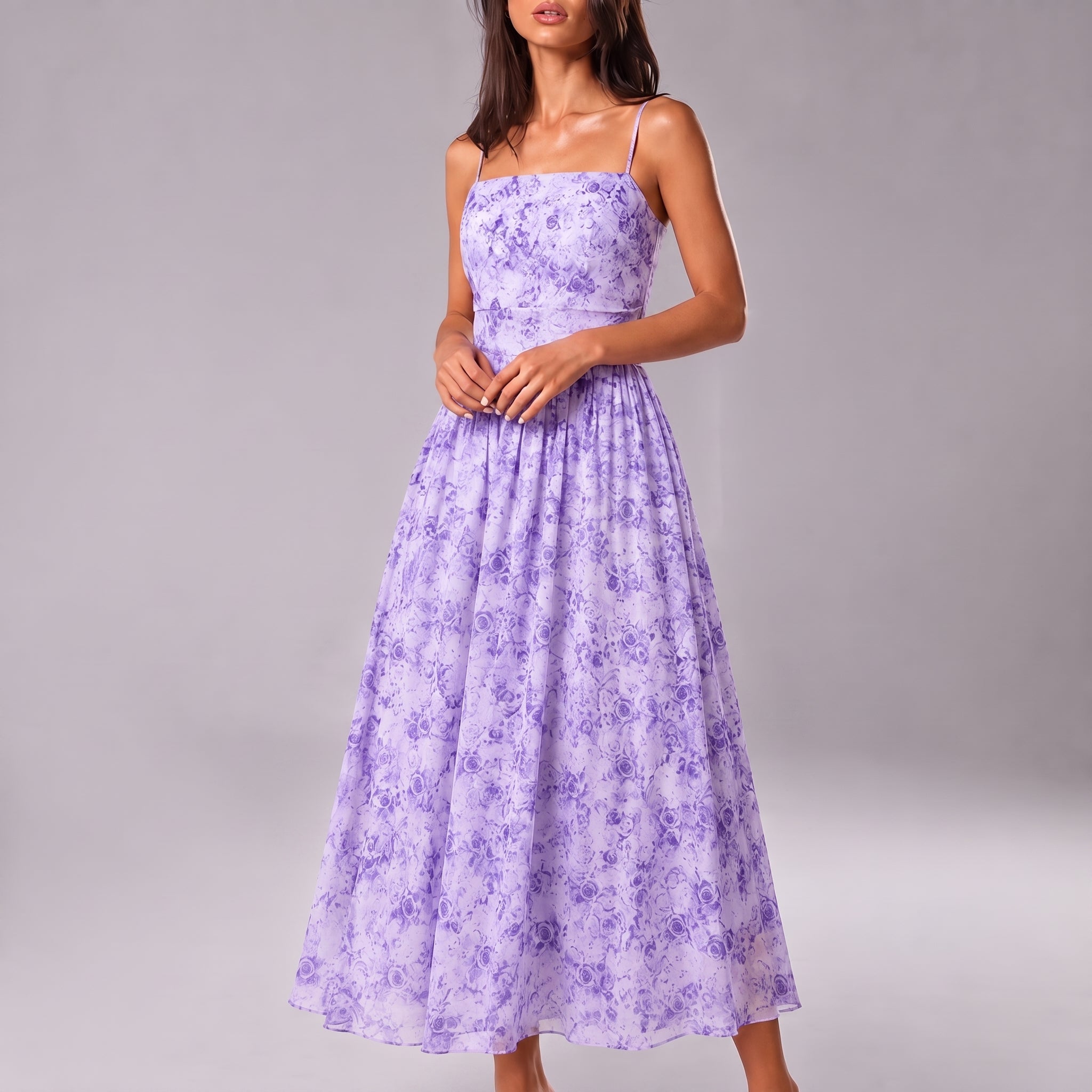 Georgia - Women's Party Floral Ruched Bodice Midi Dress - Dresses - Purple - Davies & Cooper