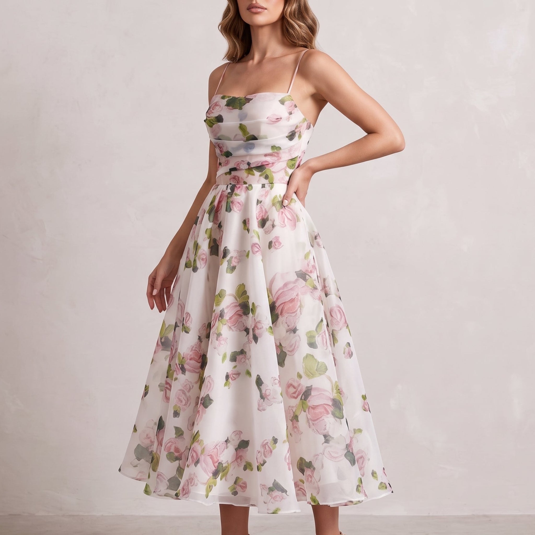 Georgia - Women's Party Floral Ruched Bodice Midi Dress - Midi Dresses - Pink - Davies & Cooper