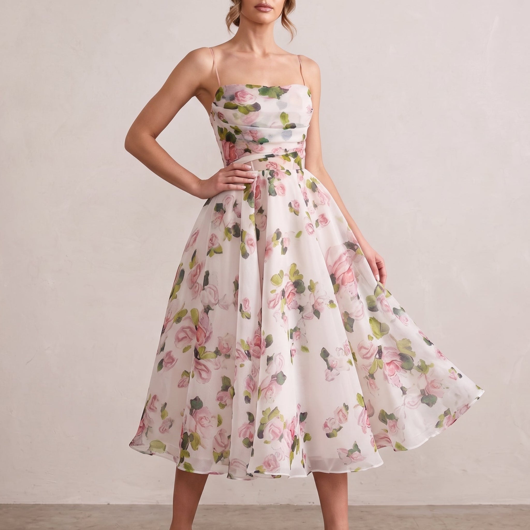 Georgia - Women's Party Floral Ruched Bodice Midi Dress - Midi Dresses - Pink - Davies & Cooper